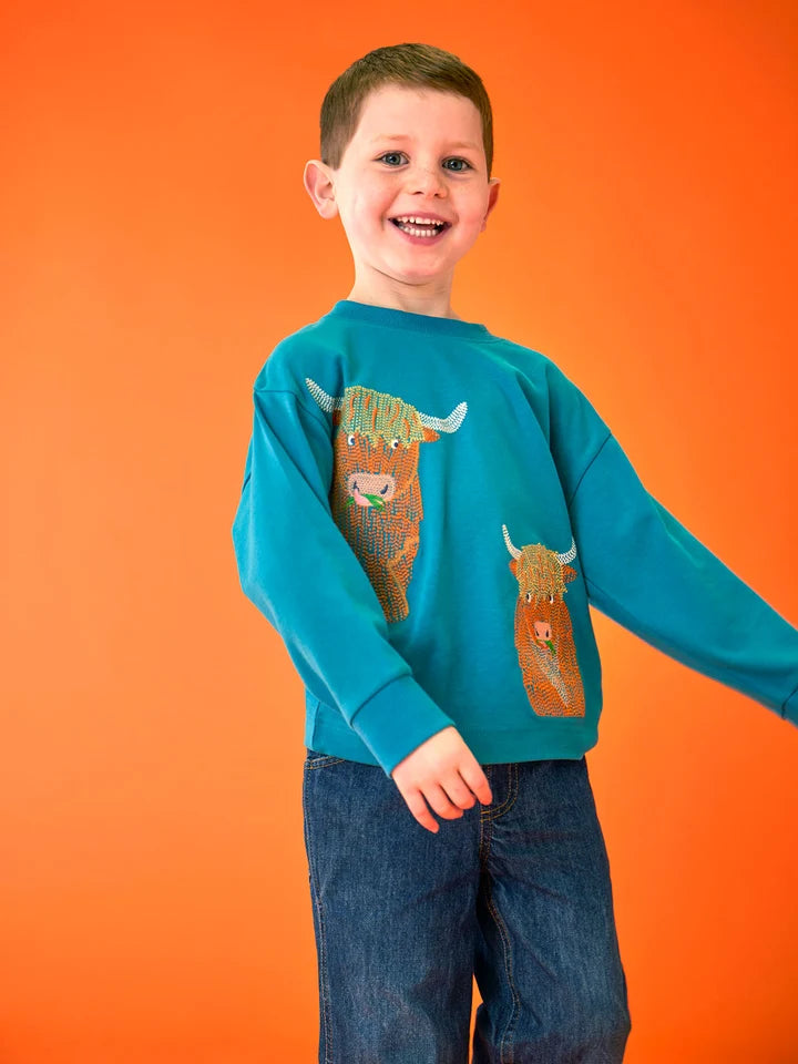 Frugi Owen Embroidered Top - Boat Blue/Highland Coos