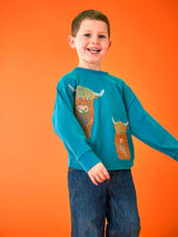 Frugi Owen Embroidered Top - Boat Blue/Highland Coos