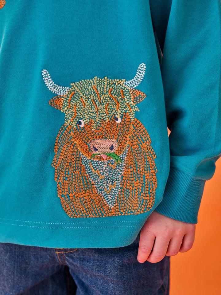 Frugi Owen Embroidered Top - Boat Blue/Highland Coos