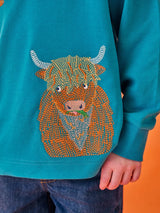 Frugi Owen Embroidered Top - Boat Blue/Highland Coos