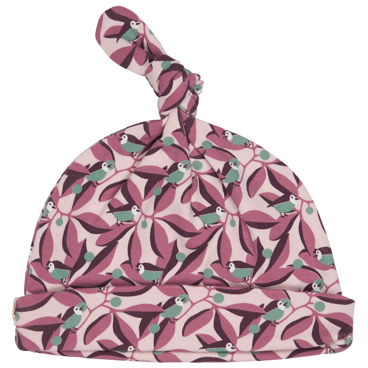 Pigeon Organics Knotted hat (AOP), birds - pink