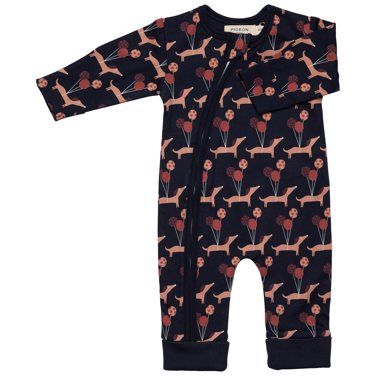 Pigeon Organics Zip romper (AOP), sausage dogs - navy