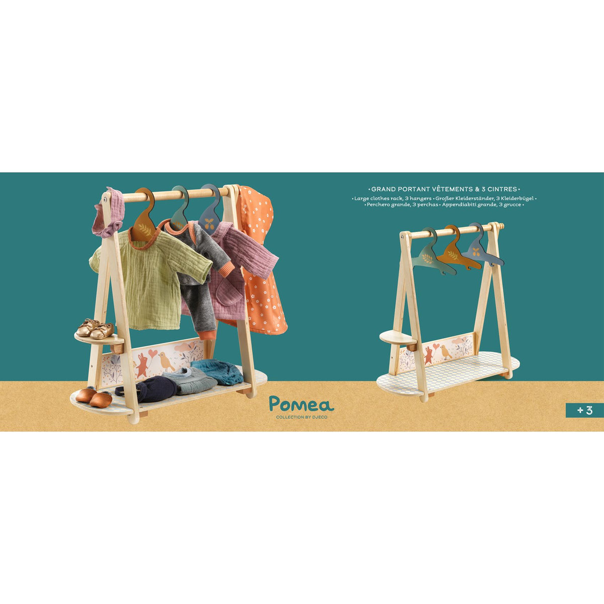 Pomea Dolls Large Clothing Rack + 3 Wooden Hangers