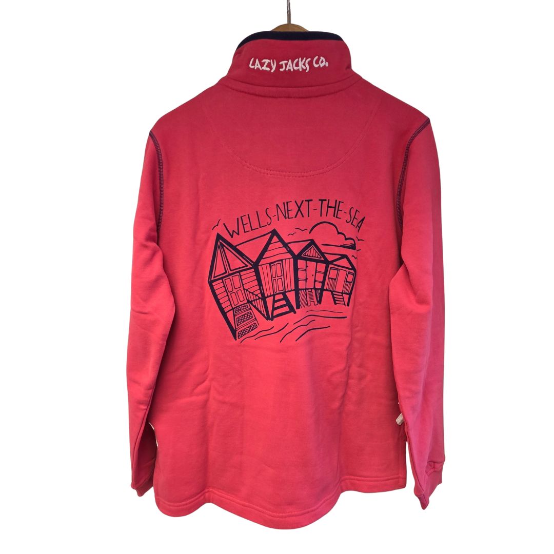 Ladies Cherry/Beach Hut Lazy Jacks Wells-Next-the-Sea Printed 1/4 Zip Sweatshirt