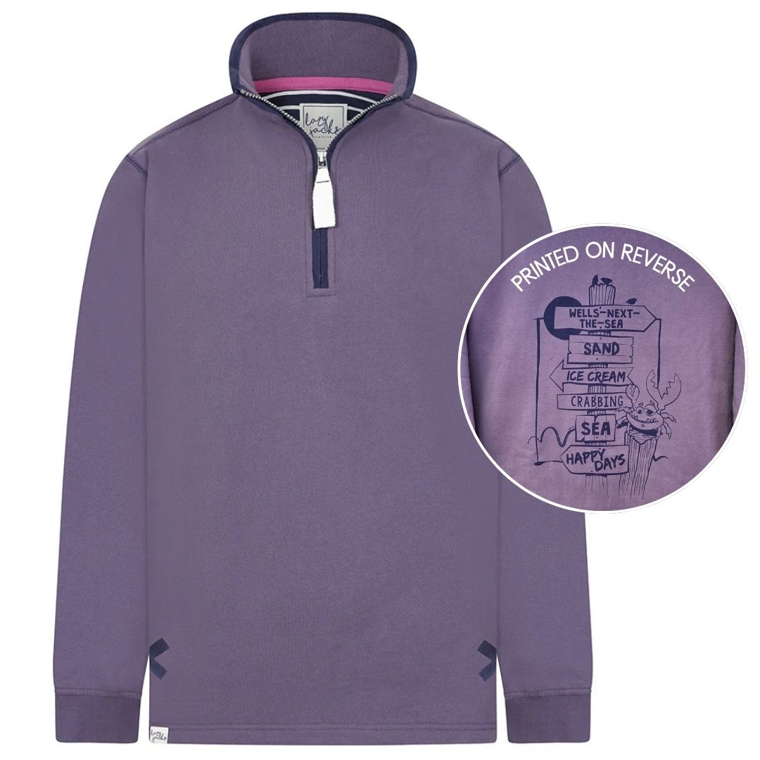 Ladies Mauve/Sign Post Lazy Jacks Wells-Next-the-Sea Printed 1/4 Zip Sweatshirt