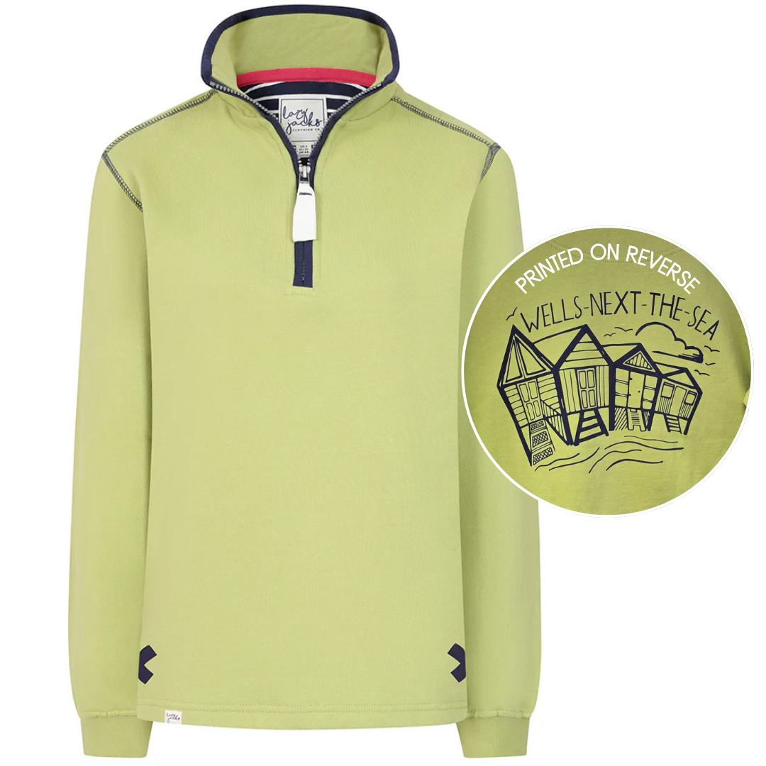 Ladies Pistachio/Beach Huts Lazy Jacks Wells-Next-the-Sea Printed 1/4 Zip Sweatshirt