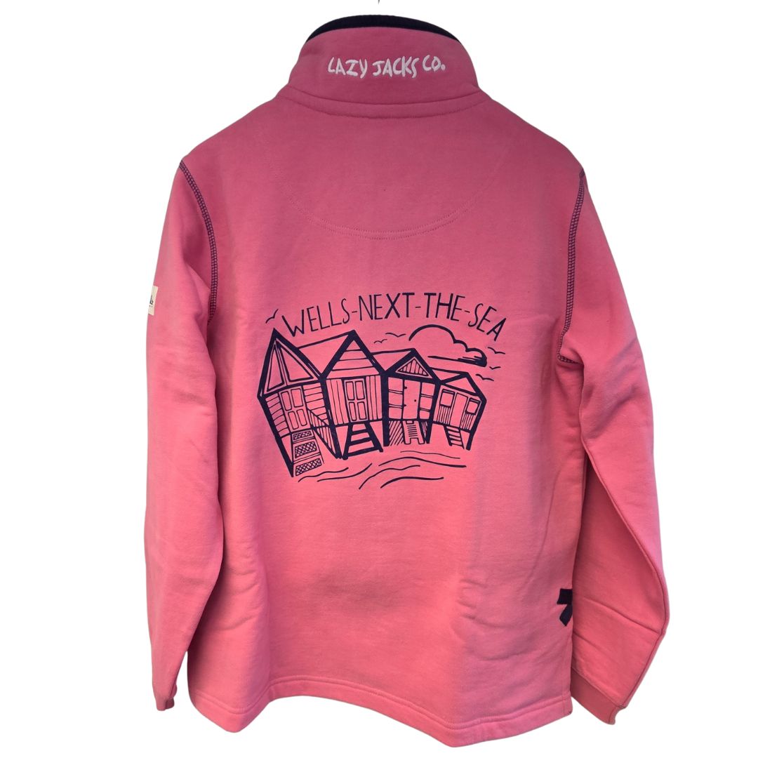 Ladies Salmon/Beach Hut Lazy Jacks Wells-Next-the-Sea Printed 1/4 Zip Sweatshirt