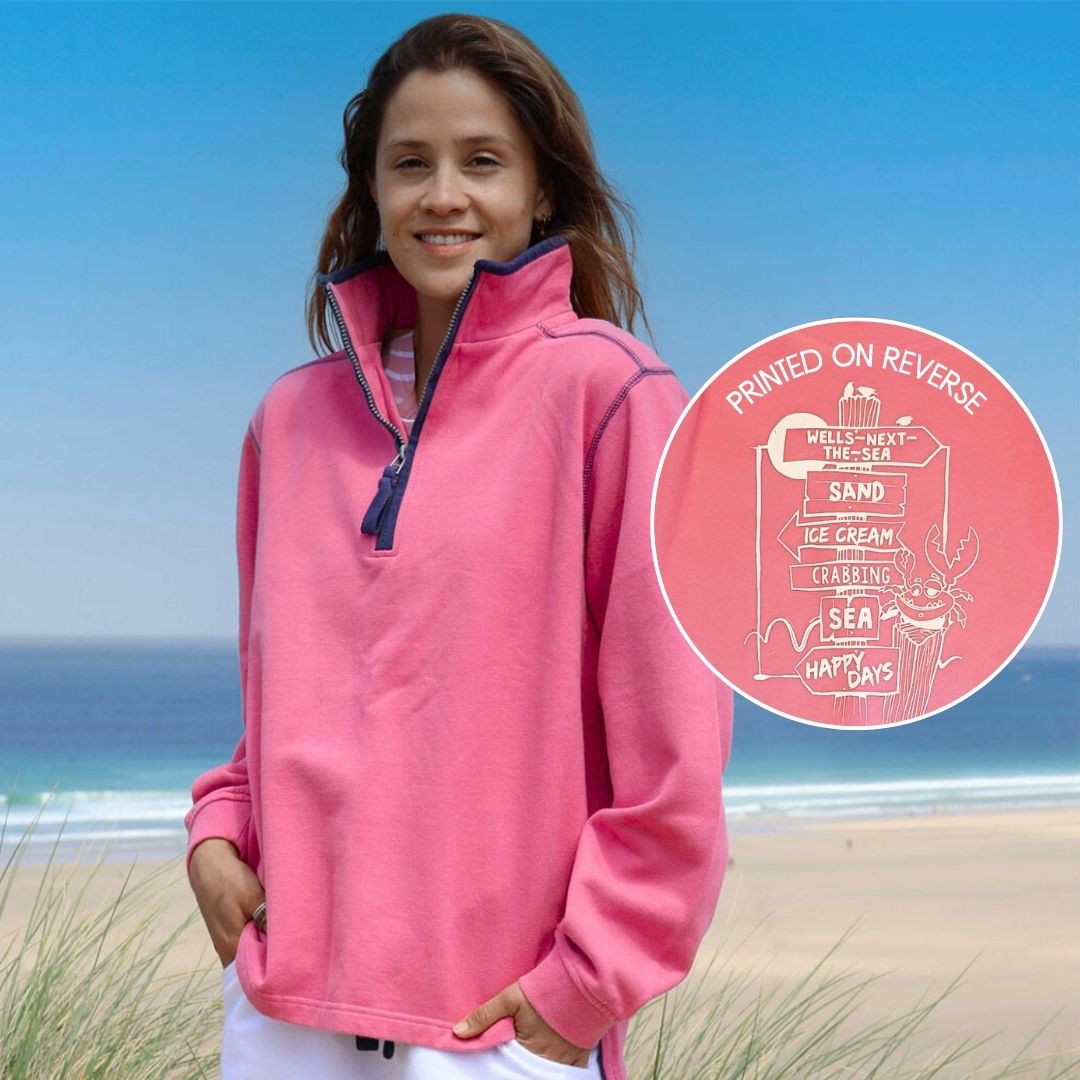 Ladies Salmon/Sign Post Lazy Jacks Wells-Next-the-Sea Printed 1/4 Zip Sweatshirt