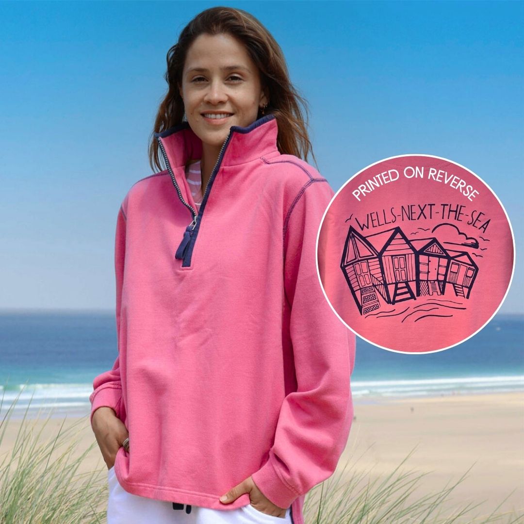 Ladies Salmon/Beach Hut Lazy Jacks Wells-Next-the-Sea Printed 1/4 Zip Sweatshirt