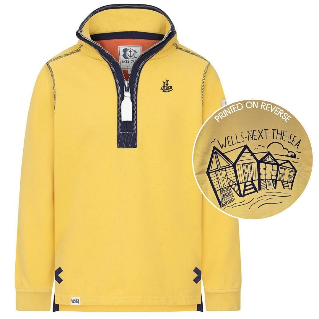 Children's Yellow/Beach Hut Lazy Jacks Wells-Next-the-Sea Printed 1/4 Zip Sweatshirt