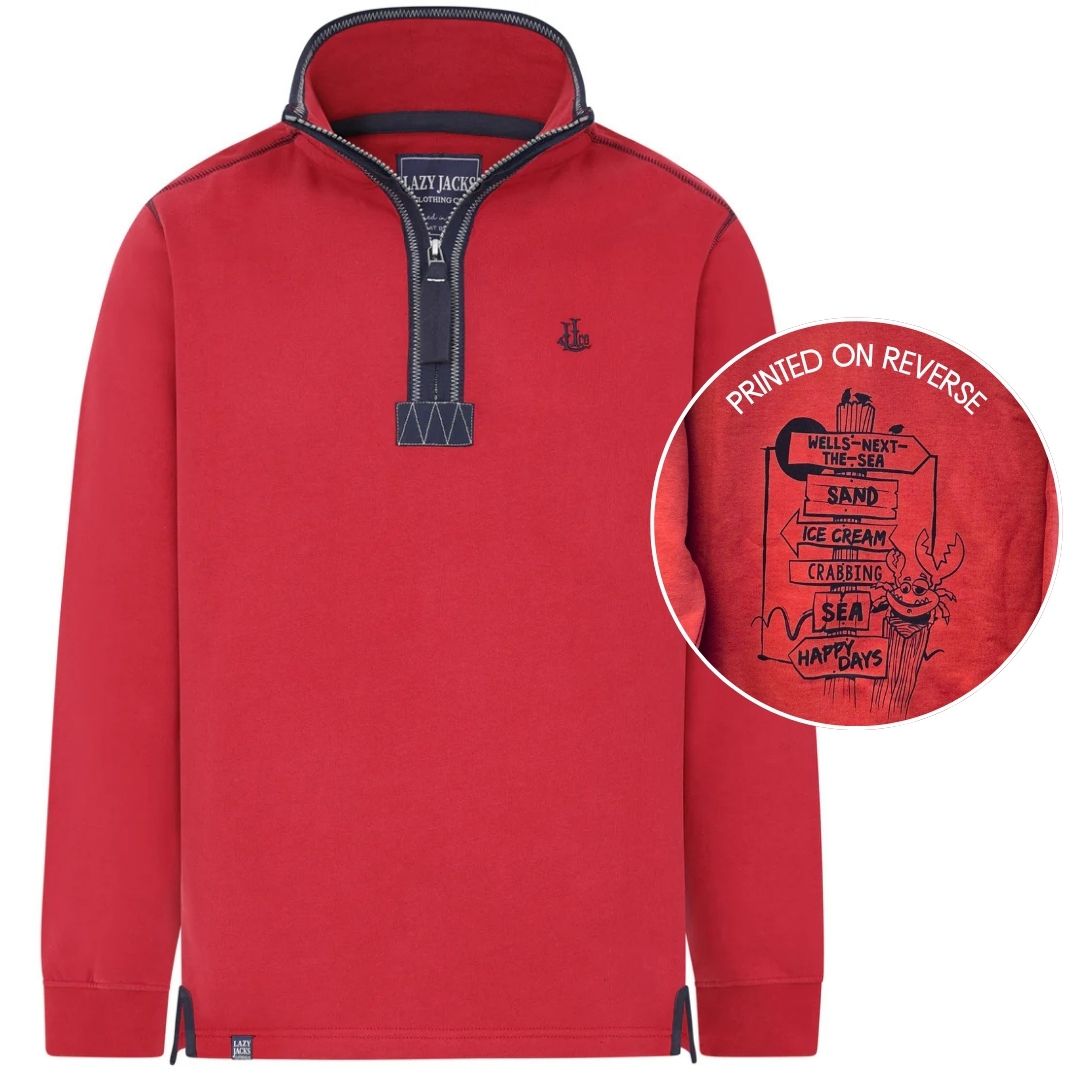 Men's Red/Sign Post Lazy Jacks Wells-Next-the-Sea Printed 1/4 Zip Sweatshirt