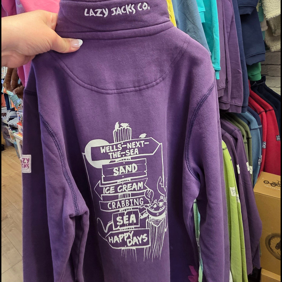 A hand holding up a purple sweatshirt with a white graphic print that reads 'Crazy Dogs Sea Dogs'. The sweatshirt is displayed on top of a stack of folded colorful clothing.