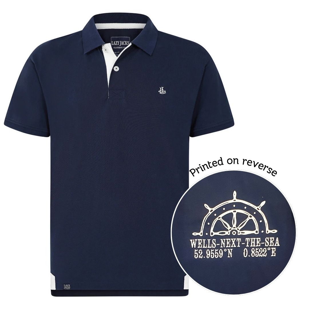 Men's Lazy Jacks Wells-Next-the-Sea Printed Polo T-Shirt - Marine/Wheel