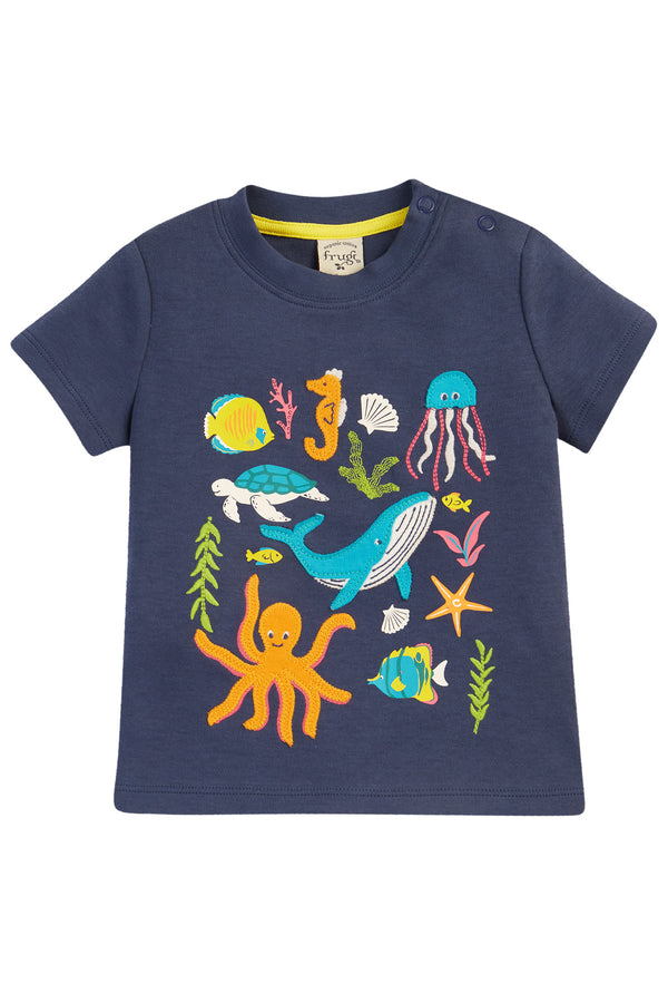 Frugi Little Creature Applique T-Shirt - Navy Blue/Underwater