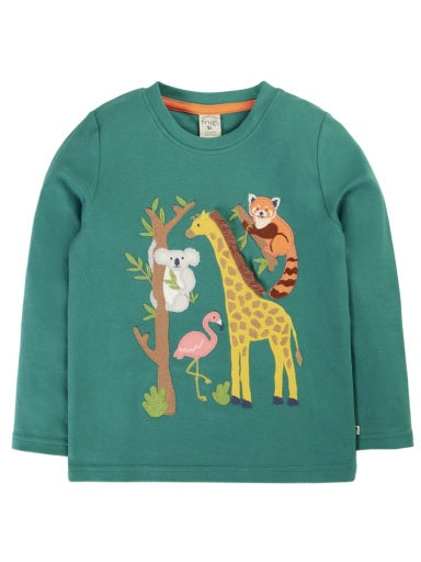 Frugi Adventure Applique Top - Hut Green/Animals