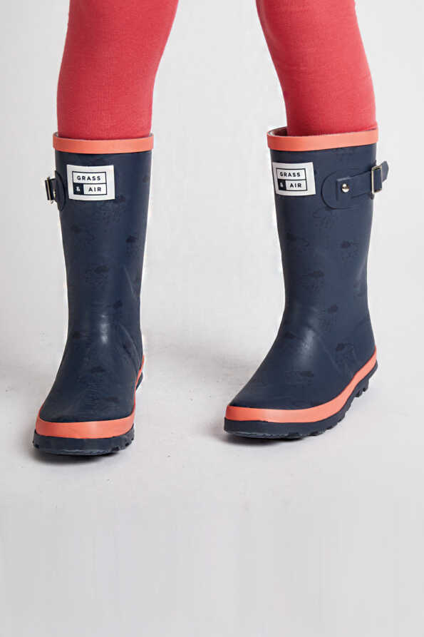 Grass+Air Older Kids Navy & Coral Wellies