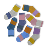 7 Pack Colour Block Kids Sustainable Cotton Fashion Ankle Socks for Girls and Boys