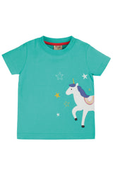 Frugi Avery Applique Top, Pacifc Aqua/Unicorn,
