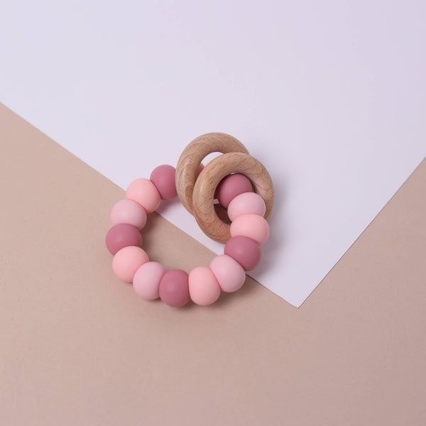 Dusty Pink Mix Silicone and Beechwood Teether