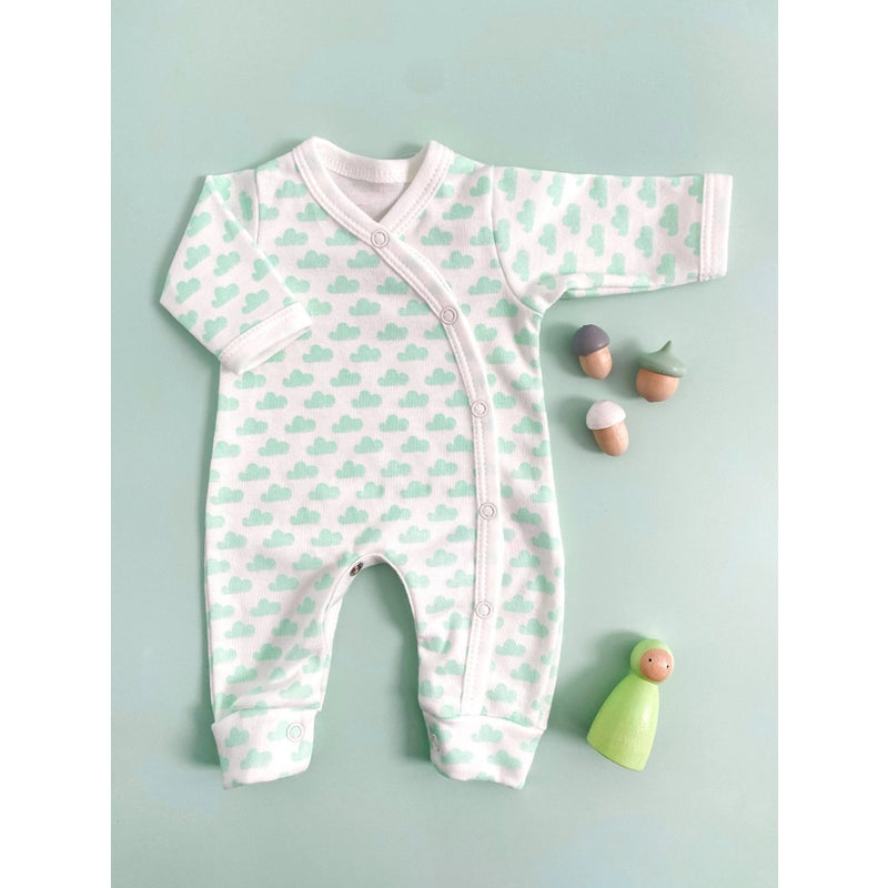 Tiny and Small Organic Cotton Preemie Sleepsuit - Mint Clouds