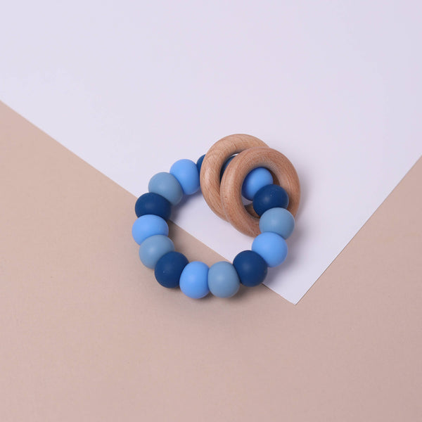 Blue Mix Silicone and Beechwood Teether