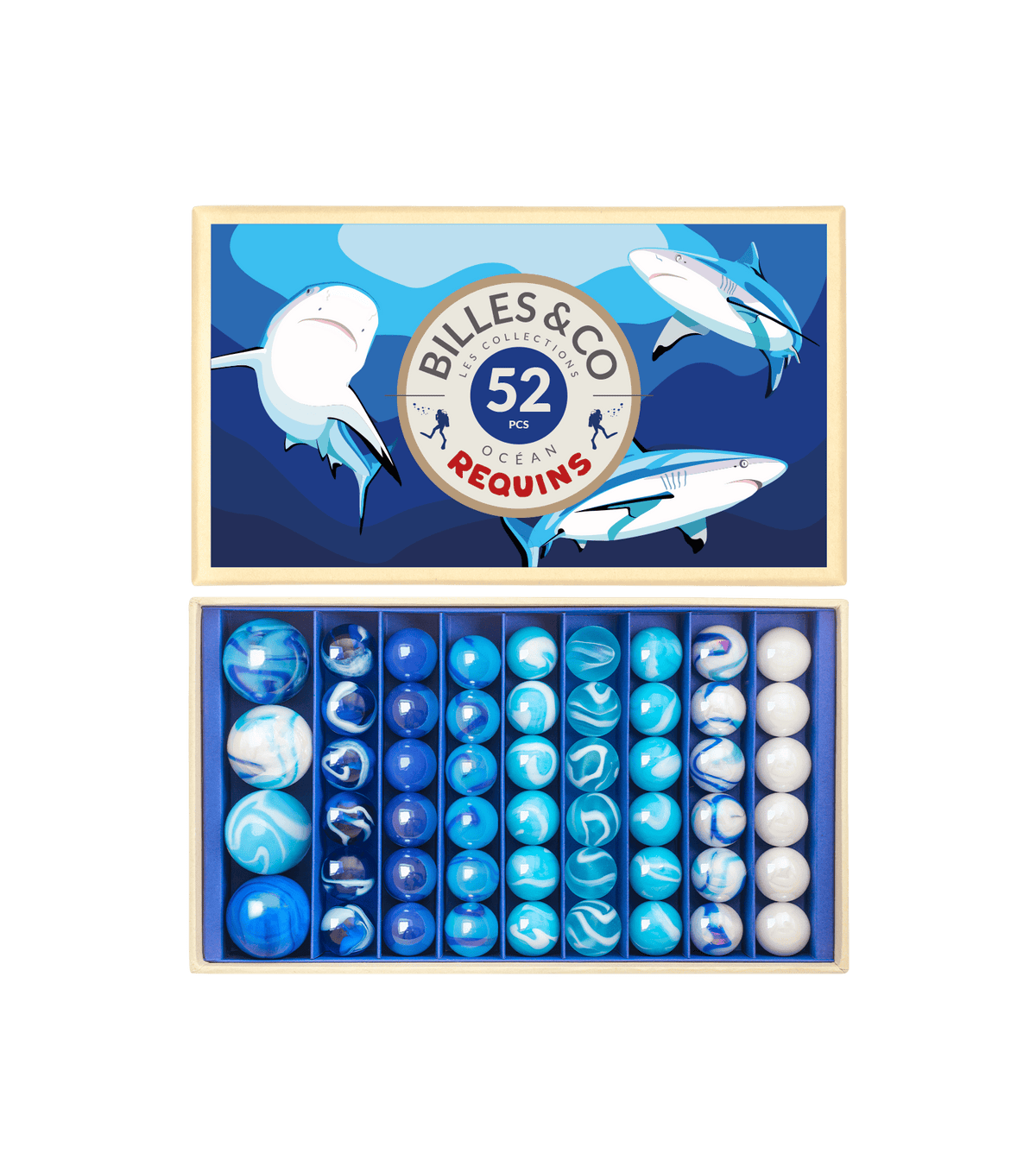 Box of 52 marbles and shooters — Sharks
