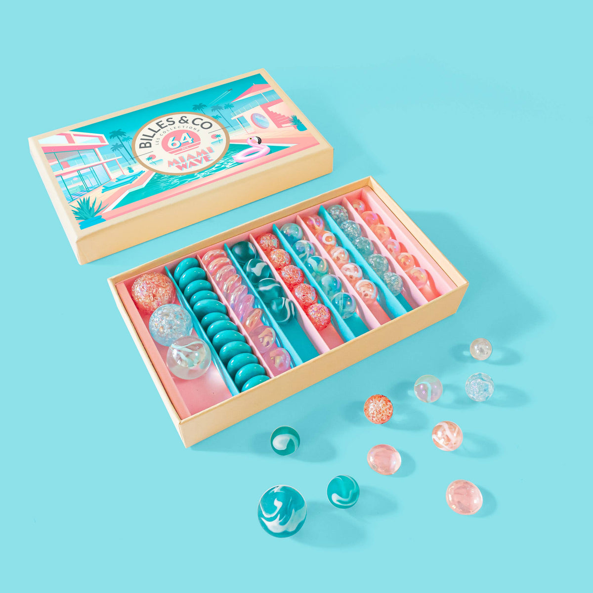Box of 64 Miami Wave marbles