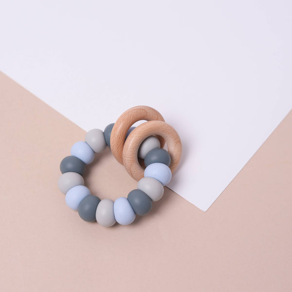 Grey Blue Mix Silicone and Beechwood Teether