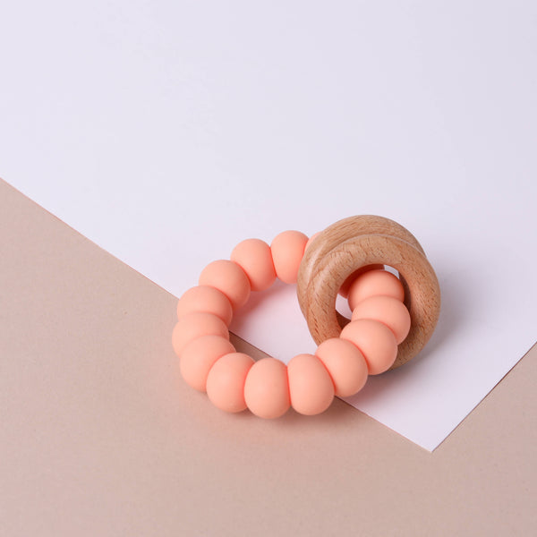 Peach Silicone and Beechwood Teether
