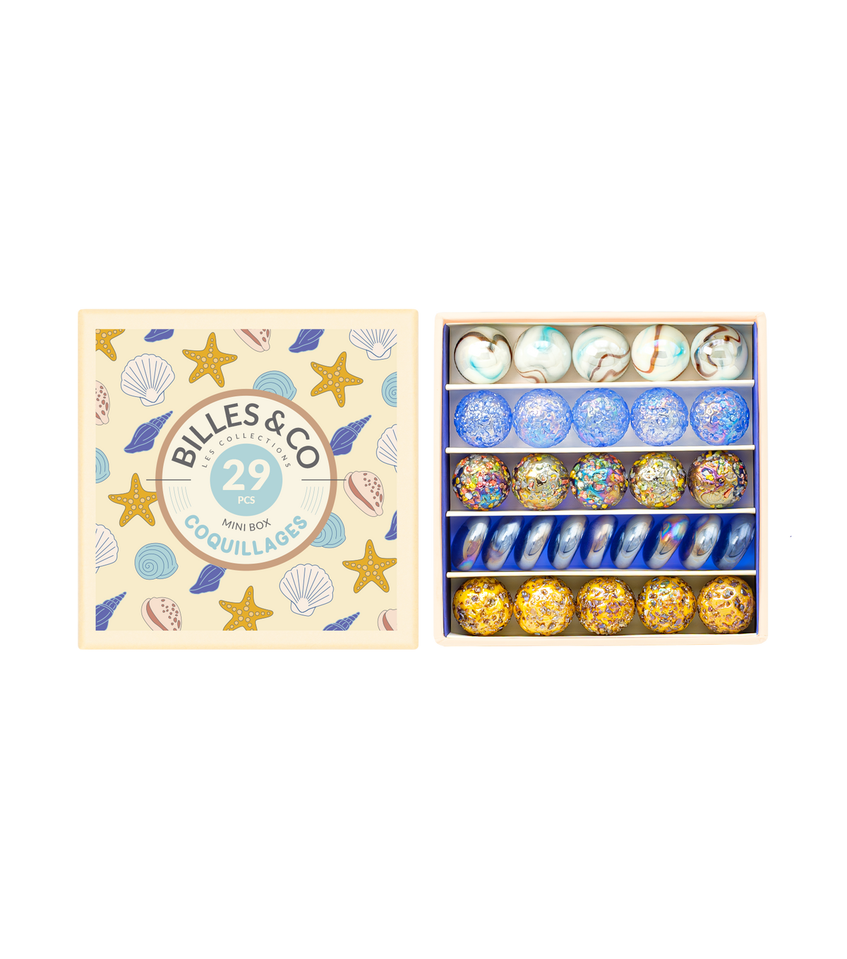 Box of 29 shell marbles