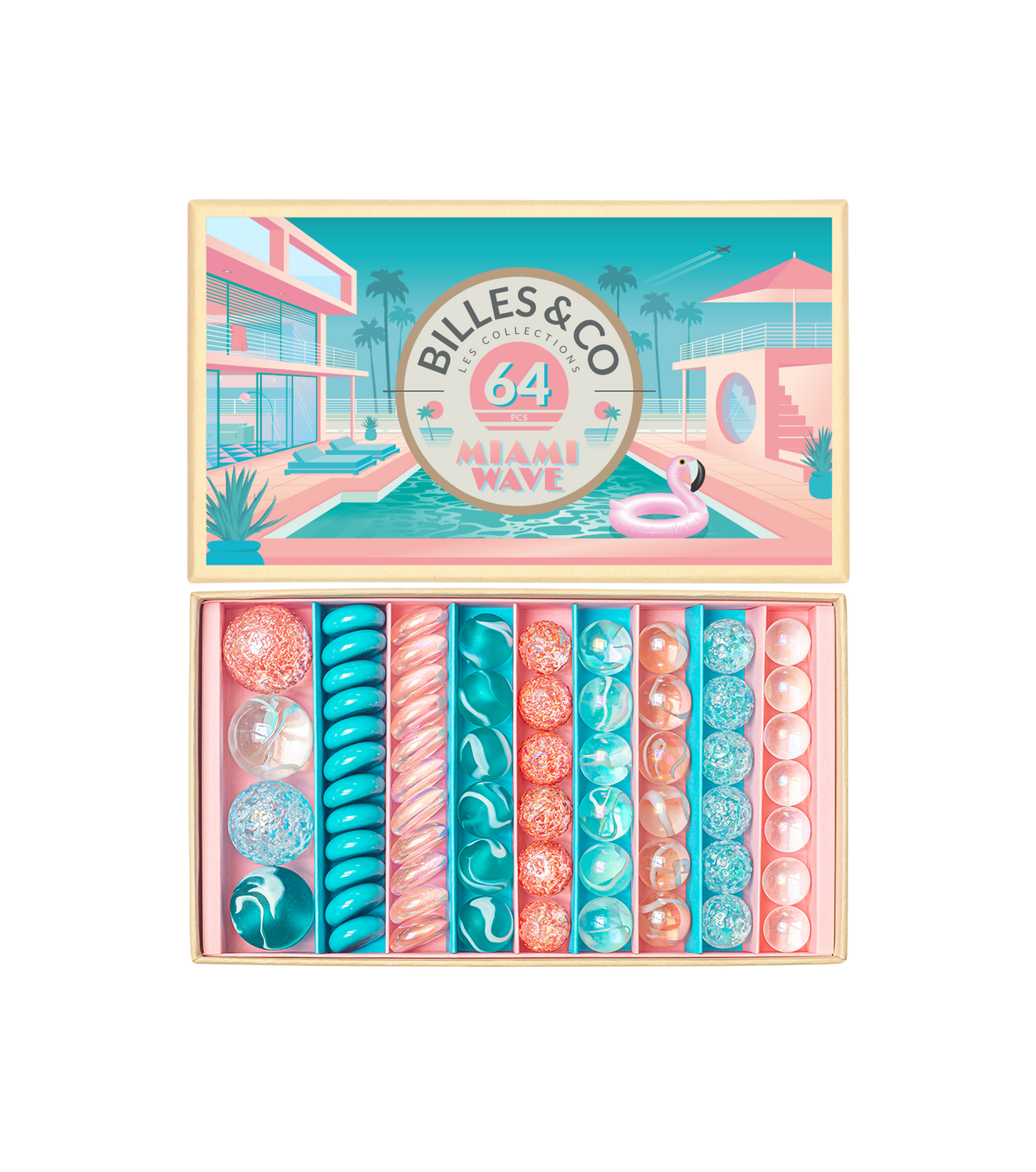 Box of 64 Miami Wave marbles