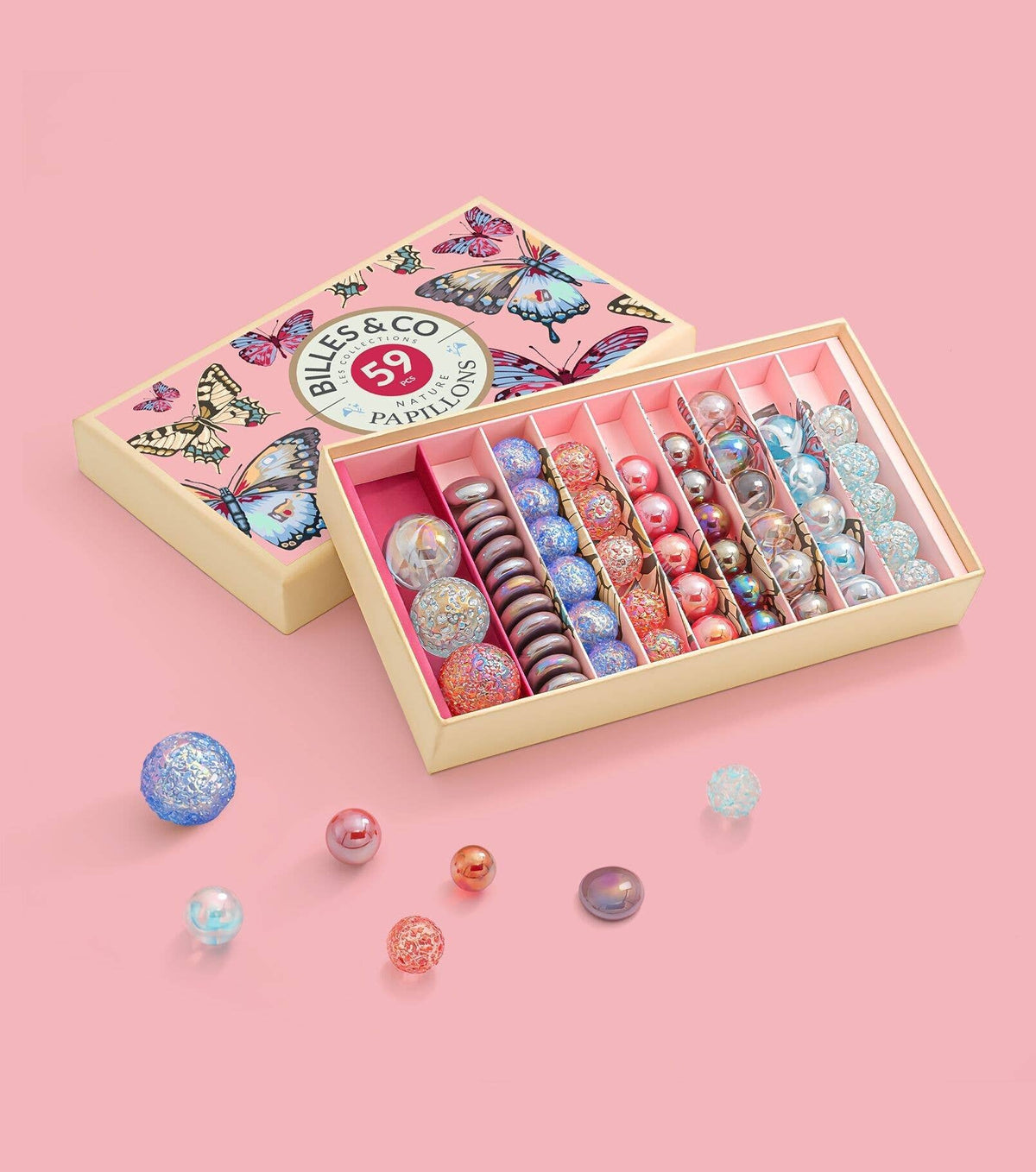 Large Box of Anamorphic Butterfly Marbles