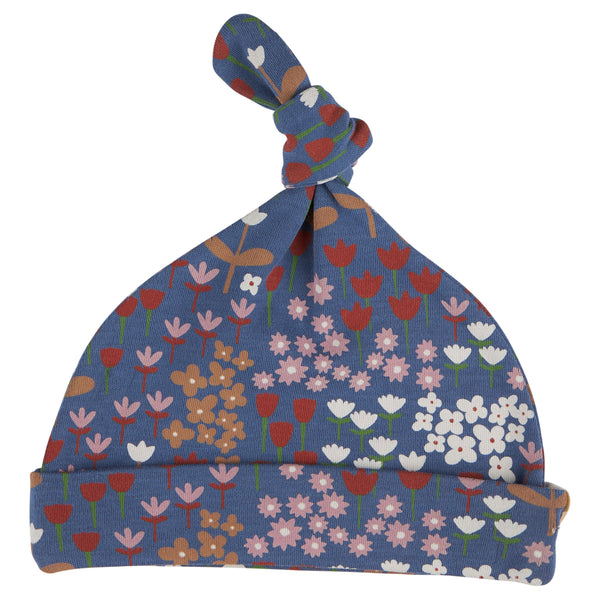 Pigeon Organics Knotted hat (AOP), meadow - night blue, 0-5m