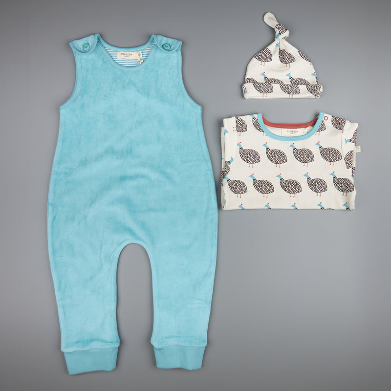 Pigeon Organics Velour playsuit, azure