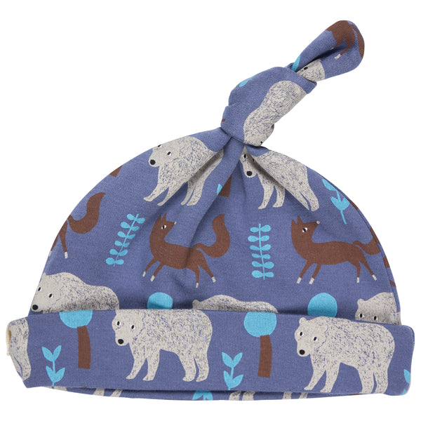 Pigeon Organics Knotted hat (AOP), bear & fox - blue