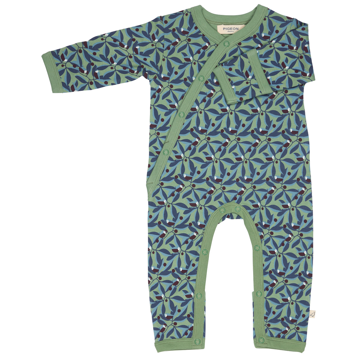 Pigeon Organics Kimono romper (AOP), birds - green