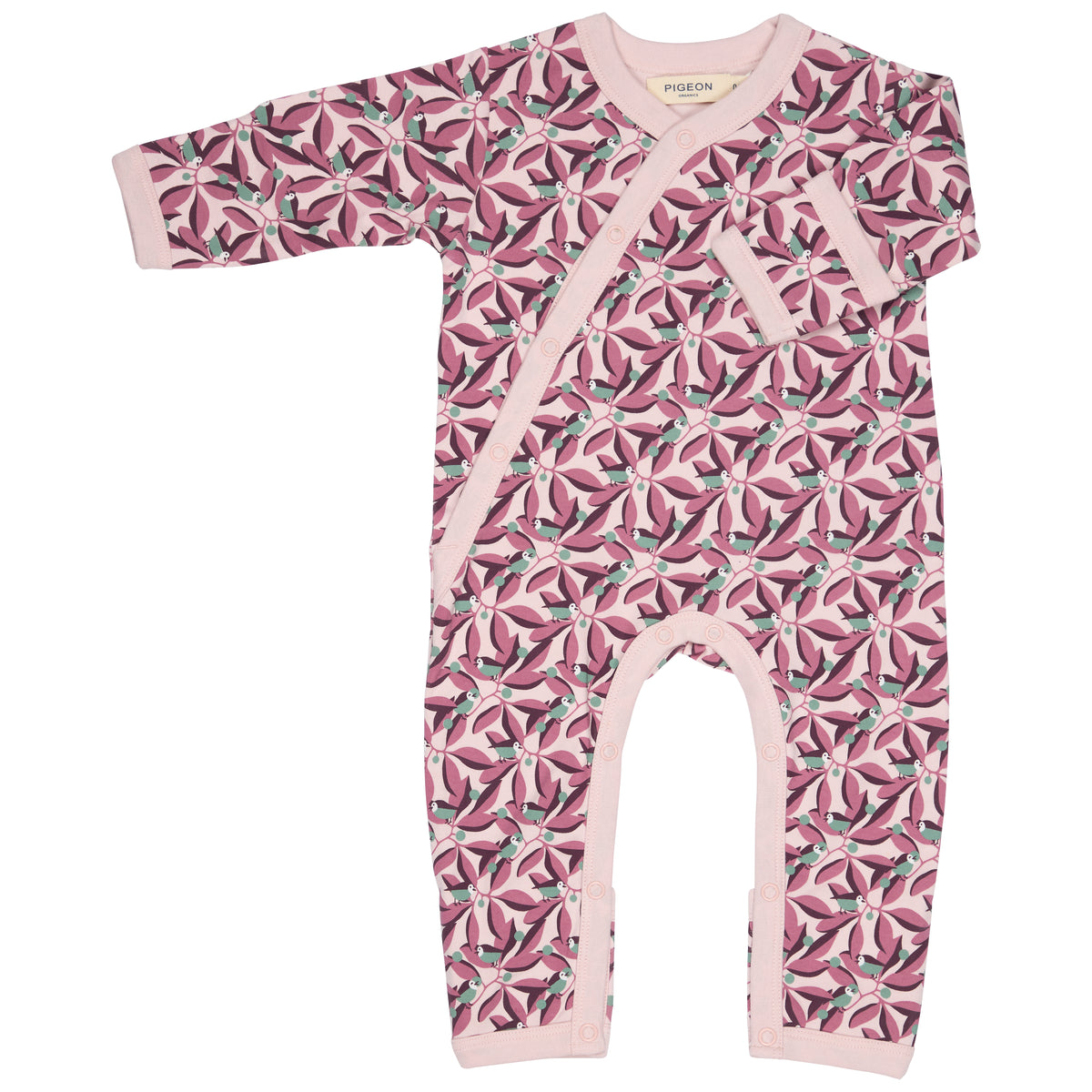 Pigeon Organics Kimono romper (AOP), birds - pink