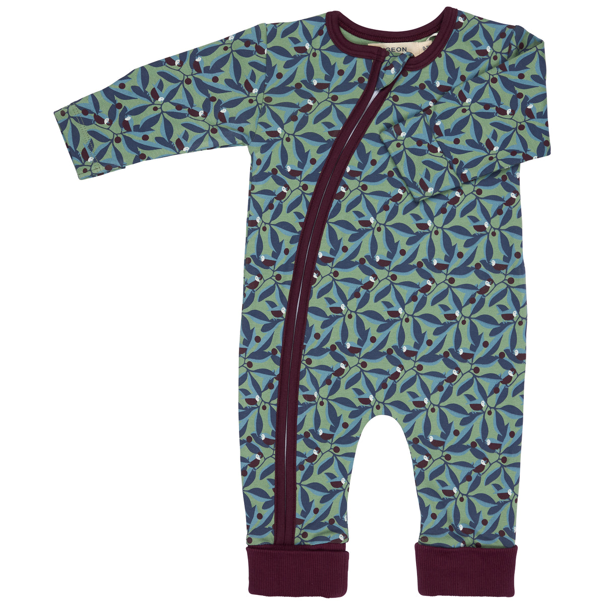 Pigeon Organics Zip romper (AOP), birds green