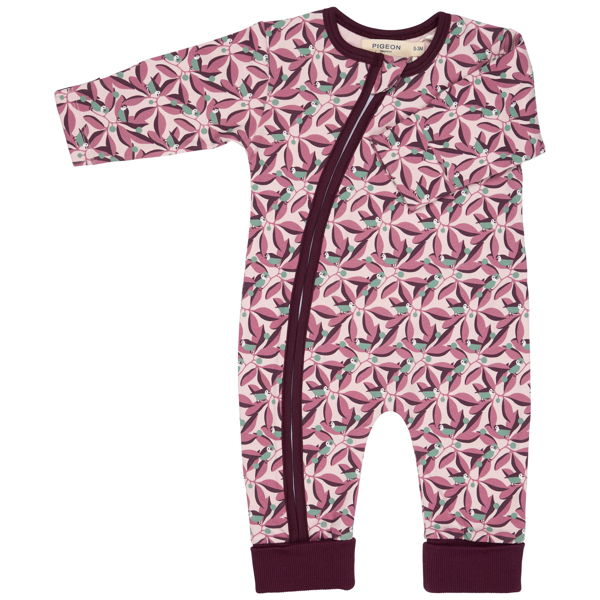 Pigeon Organics Zip romper (AOP), birds pink