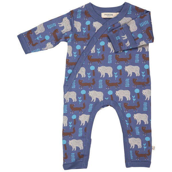 Pigeon Organics Kimono romper (AOP), bear & fox - blue