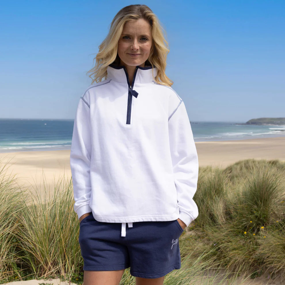 Ladies White/Wheel Print Lazy Jacks Wells-Next-the-Sea Printed 1/4 Zip Sweatshirt