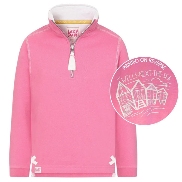 Children's Salmon/Beach Hut Lazy Jacks Wells-Next-the-Sea Printed 1/4 Zip Sweatshirt