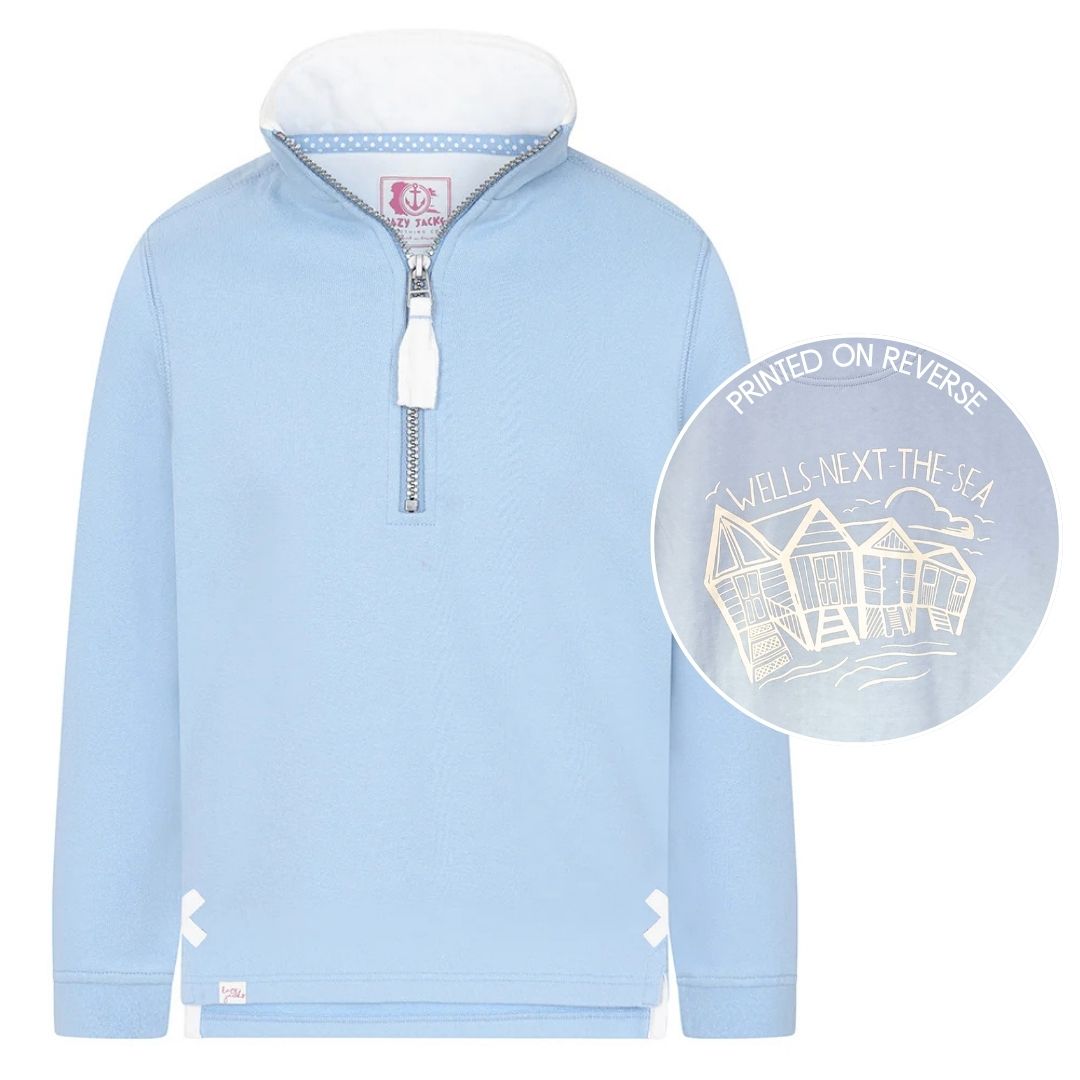 Children's Sky/Beach Hut Lazy Jacks Wells-Next-the-Sea Printed 1/4 Zip Sweatshirt