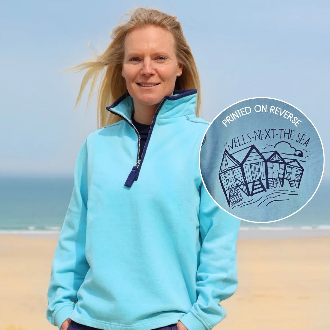 Ladies Spearmint/Beach Hut Lazy Jacks Wells-Next-the-Sea Printed 1/4 Zip Sweatshirt