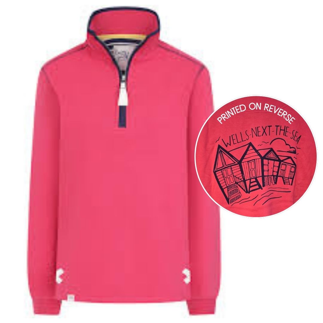 Ladies Cherry/Beach Hut Lazy Jacks Wells-Next-the-Sea Printed 1/4 Zip Sweatshirt