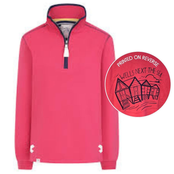 Ladies Cherry/Beach Hut Lazy Jacks Wells-Next-the-Sea Printed 1/4 Zip Sweatshirt