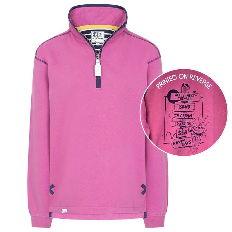 Ladies Raspberry/Sign Post Lazy Jacks Wells-Next-the-Sea Printed 1/4 Zip Sweatshirt
