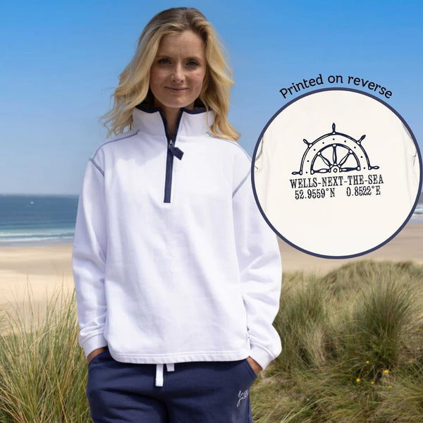 Lazy Jacks Ladies Wells-Next-the-Sea Printed 1/4 Zip Sweatshirt - White/Wheel Print