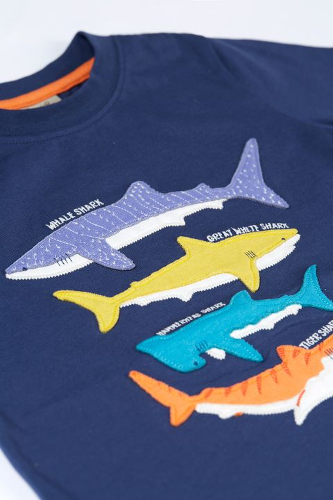Frugi Avery Applique T-Shirt - Navy Blue/Sharks