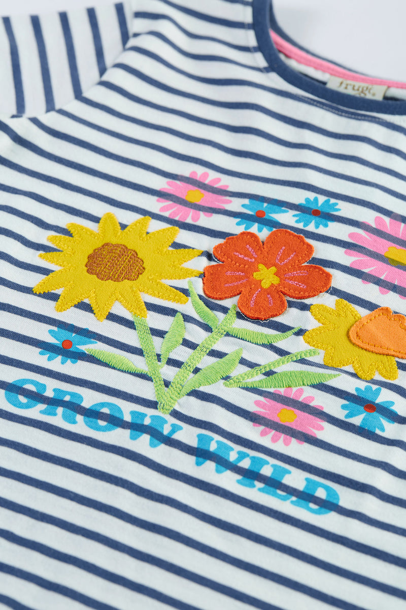 Frugi Elise Applique T-Shirt - Navy Blue Breton/Grow Wild